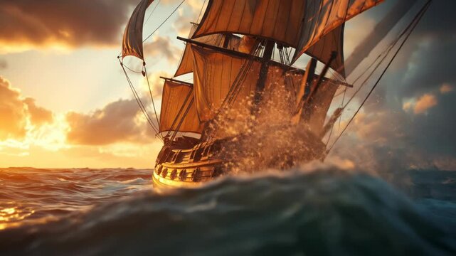 Sailing ship battling rough seas in dramatic sunset perfect for nautical themes, adventure concepts, or background for marinerelated designs.