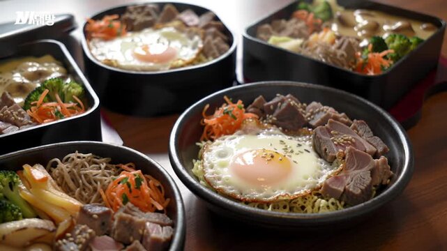 A selection of delicious and healthy bento boxes filled with rice, meat, vegetables, and egg.
