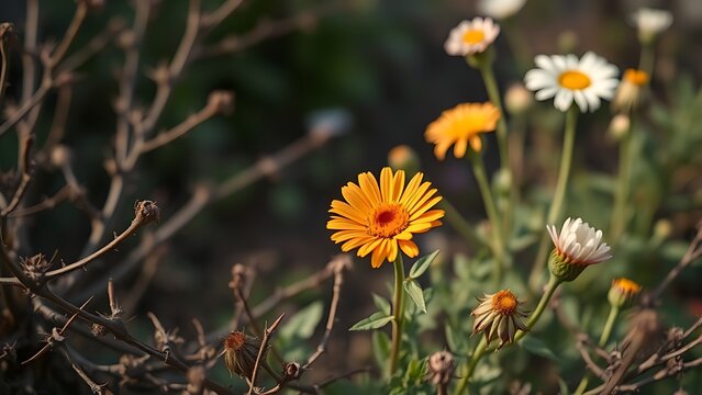  A lone vibrant flower blooms among thorny bushes in a serene morning garden. gardening catalogs, home-decor guides, designed for gardening and botanical catalogs.