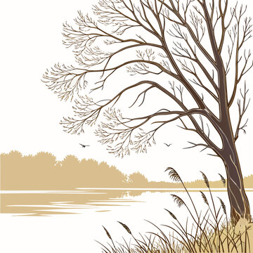Frozen lakeside with delicate frost sparkle and tree