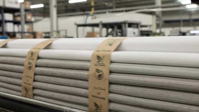 Medium shot of a labeling machine attaching paper wrap tags to fabric rolls highlighting ecofriendly packaging techniques in a factory setting.