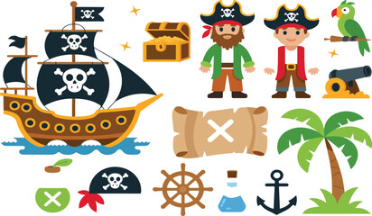 Fun Pirate Adventure Vector Set Featuring Sailing Ship, Treasure Chest, Map, Pirates, Parrot and Nautical Fantasy Elements © Mdmokbul