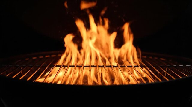 Flames leap above a black grill, creating an inviting, warm glow against a dark backdrop