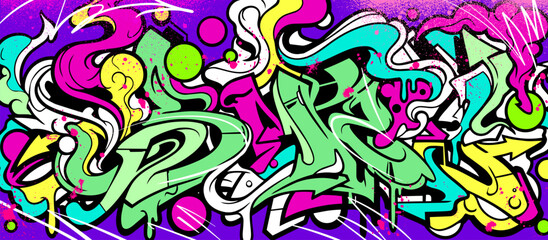 Fototapeta premium Abstract graffiti background with vibrant colors, dynamic flowing waves, bubbles and arrows shapes. Graffiti vector urban theme for prints, banners, and textiles