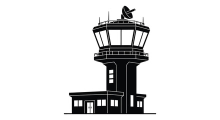 A stark black silhouette of an air traffic control tower complete with radar stands against a white backdrop silhouette © Creativekhairul02