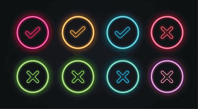 Neon check mark and cross icons set, glowing colorful tick and x symbols in circles, 8 vector neon signs for UI and web design