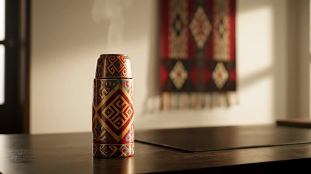 Still life of thermos with geometric design on wooden table with tapestry. 
