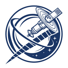 logo of a satellite orbiting a planet, clean smooth line art, communication and technology branding style © Shohel