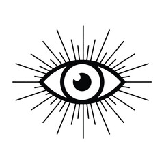 Illustration of a mystical eye symbol with radiant lines and minimalist design in black and white