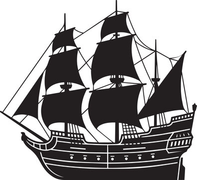 Galleon Warship Silhouette Minimalist High-Castled Historical Vessel with Multiple Decks and Lateen Sails Flat Vector Icon