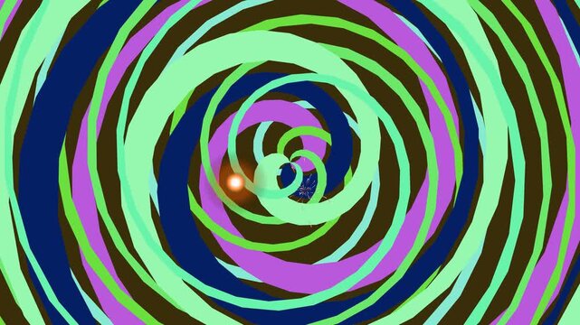 Hypnotic swirling spiral of teal, lavender, navy, and olive green abstract pattern