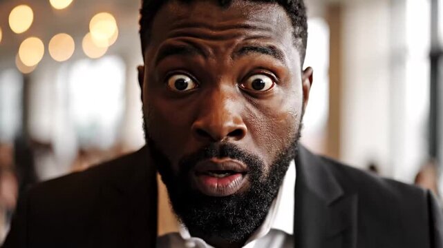 Shocked Businessman Reacts with Surprise, Hands on Face.