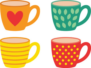 Obraz premium Decorative Coffee Mug Vector Pack Featuring Four Colorful Cups with Different Patterned Designs Illustration