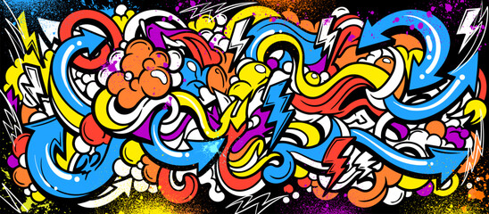 Fototapeta premium Abstract graffiti background with vibrant colors, dynamic flowing waves, bubbles and arrows shapes. Graffiti vector urban theme for prints, banners, and textiles