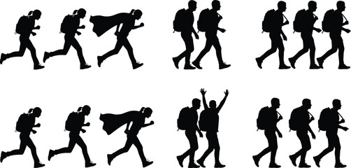 Backpack silhouette illustration, walking and running poses, superhero theme, teamwork progression, journey concept, dynamic figures, celebration gesture, student travel vector art ©  Creative Crafter