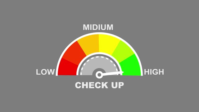 Colorful semicircular gauge displaying low medium and levels with a needle pointing towards the middle section on a black background indicating a check up status. check up text or word low and medium.
