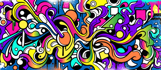 Fototapeta premium Abstract graffiti background with vibrant colors, dynamic flowing waves, bubbles and arrows shapes. Graffiti vector urban theme for prints, banners, and textiles