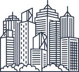 Obraz premium Modern city skyline with tall skyscrapers and office buildings surrounded by treetops outline