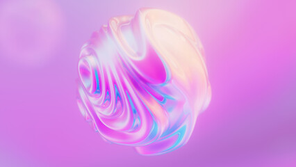 Holographic iridescent wavy deforming sphere. Liquid gradient color flow orb with ripples. Neon orb.