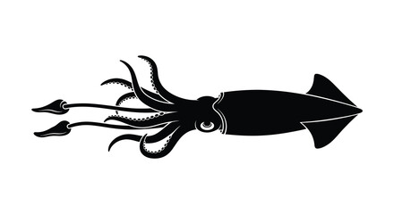 A striking black silhouette of a squid with extended tentacles and a crescent moon detail showcasing marine life silhouette high quality © Creativekhairul02