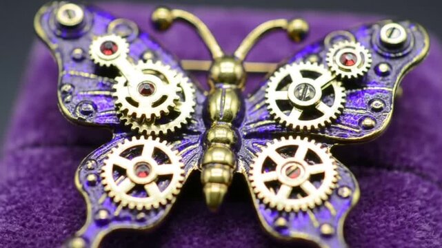 Intricate steampunk butterfly brooch with gears and jewels.