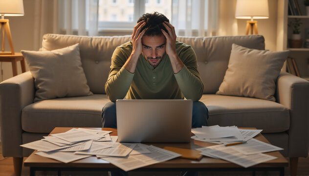 Stressed man sitting on sofa with laptop and messy paperwork. Overwhelmed male at home dealing with bills and financial problems. Work from home burnout concept