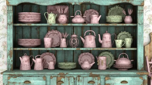 Vintage kitchen cabinet displays rustic pink and green dishware and teapots.