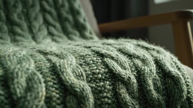 Cozy sage green knit blanket draped on a chair, detail of soft texture, home decor, and comfortable style.