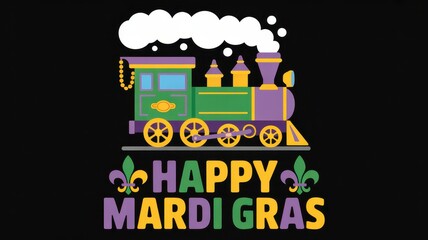 Naklejka premium Colorful train with happy mardi gras text on black background in festive carnival style