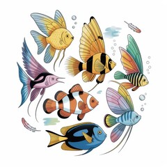 Fototapeta premium Set of colorful tropical aquarium fish isolated on white background in decorative marine collection style