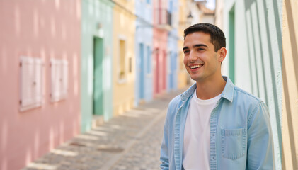 Fototapeta premium Smiling young man in a colorful Mediterranean alley. Happy male traveler walking through a picturesque street with vibrant buildings. Summer vacation and tourism concept
