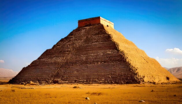 Majestic El Castillo Pyramid at Chichen Itza, Mexico Under Blue Sky.