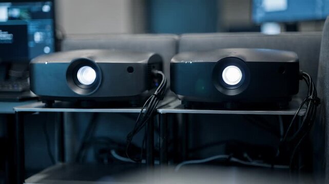 Inside a twin booth setup a medium shot captures dual projectors side by side racks and wiring gently out of focus creating a dynamic tech atmosphere.