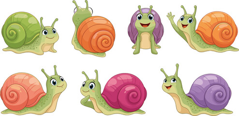 Cute Snail Cartoon Character Set with Colorful Shells and Friendly Expressions for Children's Book Illustrations, Educational Materials, Stickers, and Playful Graphic Designs © MstRoysha