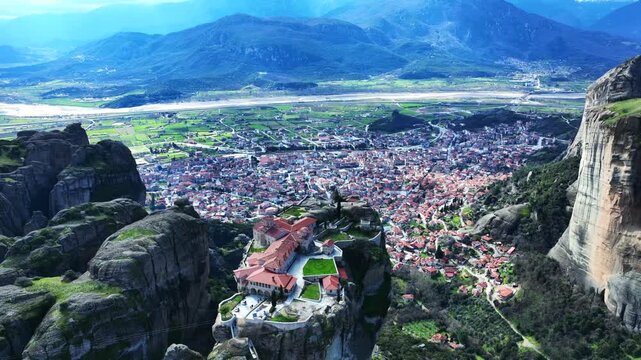 Aerial drone cinematic video of breathtaking view from famous monastery of the Holy Trinity, Thessaly,  Greece