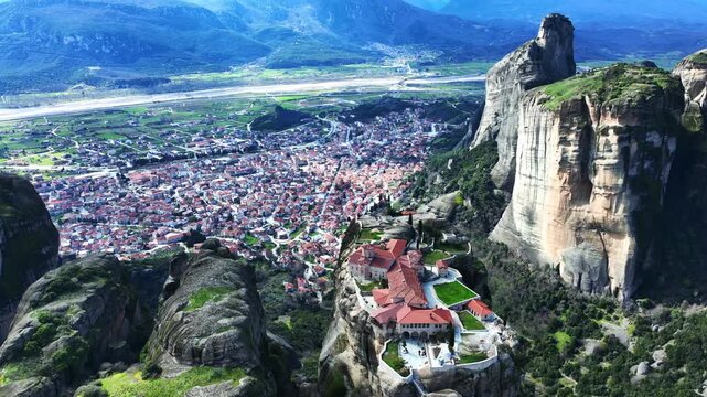 Aerial drone cinematic video of breathtaking view from famous monastery of the Holy Trinity, Thessaly,  Greece