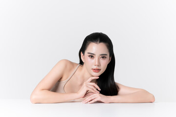 Naklejka premium Beautiful portrait of young asian woman with healthy facial and body skin, healthy hair, care teeth and glowing natural makeup for advertise skincare product, wellness, self care and cosmetic concept.