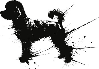 Black ink splatter silhouette of a standing dog with curled tail and textured fur pattern