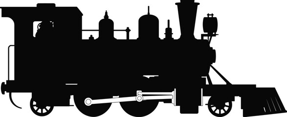 Vintage steam locomotive silhouette, classic railway engine side view, isolated black train illustration for transport and industry design © MdAnisur