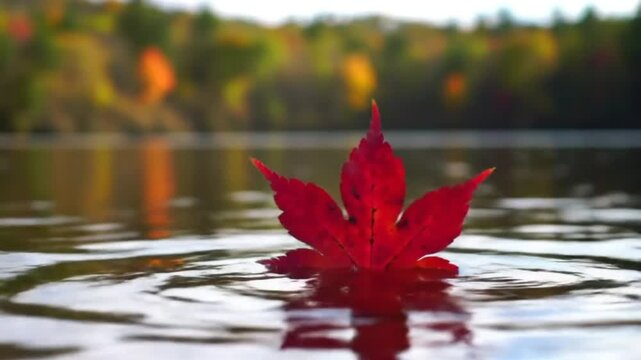 Single bright red leaf floats gently on rippling water surface.