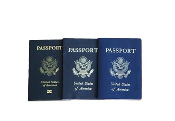 Three passports on a white background, showing golden emblems and identity document markings. Minimalist layout representing travel and citizenship.