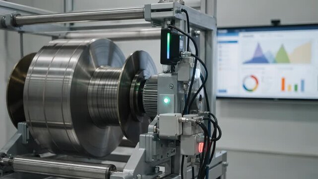 Medium shot of sensorequipped winding machine linked to a remote dashboard displaying live alerts and performance data for proactive maintenance and operational efficiency.