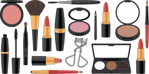 Makeup and Cosmetic Products Vector Illustration Set Featuring Lipstick, Blush, Powder, Brushes, Eyeshadow Palette, Mascara and Beauty Accessories