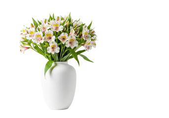 Obraz premium Elegant white flowers with pink centers and vibrant green stems in a smooth matte ceramic vase, ultra-photorealistic studio product display on white. Minimalist decorative concept