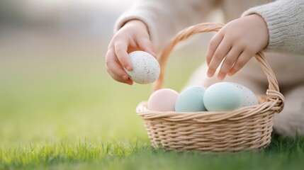 Easter egg hunt, child hands place pastel eggs into wicker basket on grass. Spring celebration, family tradition, agriculture concept, seasonal retail marketing