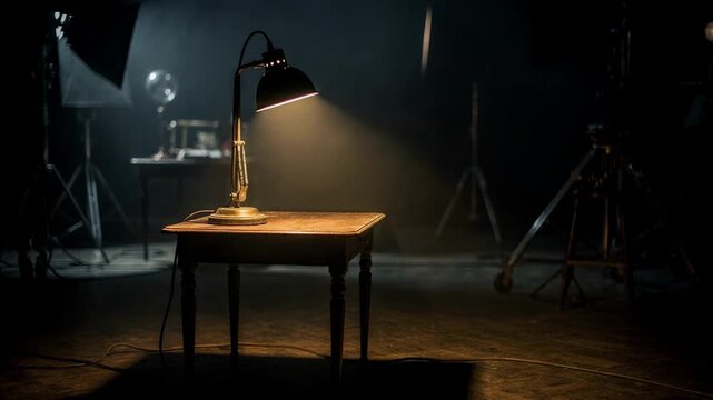 Medium shot of a vintage desk lamp casting sharp key light creating dramatic shadows on a classic film set with a blurred background emphasizing cinematic noir style.
