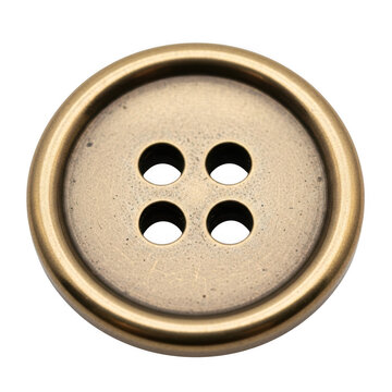 A close-up of a gold button with four holes on a white background.