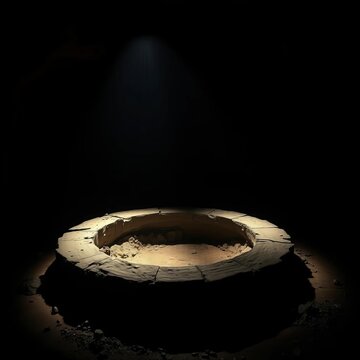 Umbral embrace highlights the raw potential of a circular foundation, waiting to transform,  dramatic,  chiaroscuro