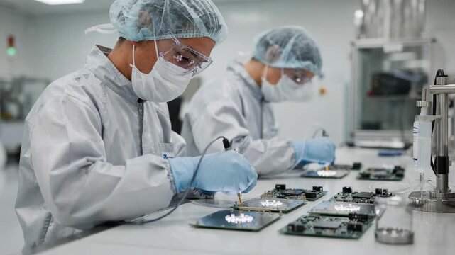 Medium shot of technicians in a dustcontrolled cleanroom applying specialty coatings to electronic components ensuring precision and contaminationfree production.