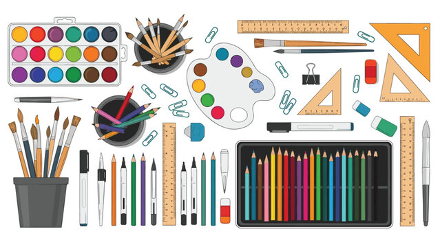 Creative art supplies collection includes watercolor paints and brushes with colored pencils and rulers for school or hobby projects.